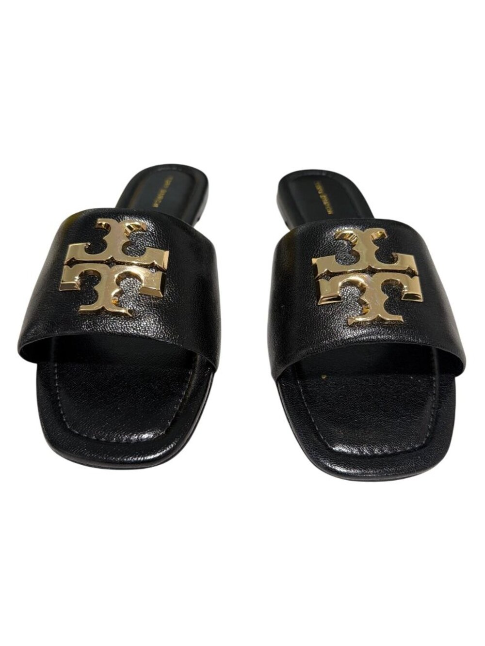 Tory Burch Eleanor Leather Medallion Flat Slide Sandals Black & Gold 7.5M - Picture 3 of 9
